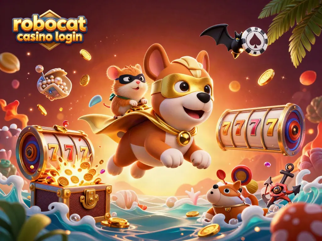 Engage with robocat casino login in this vibrant 3D scene featuring a superhero dog and golden coins.