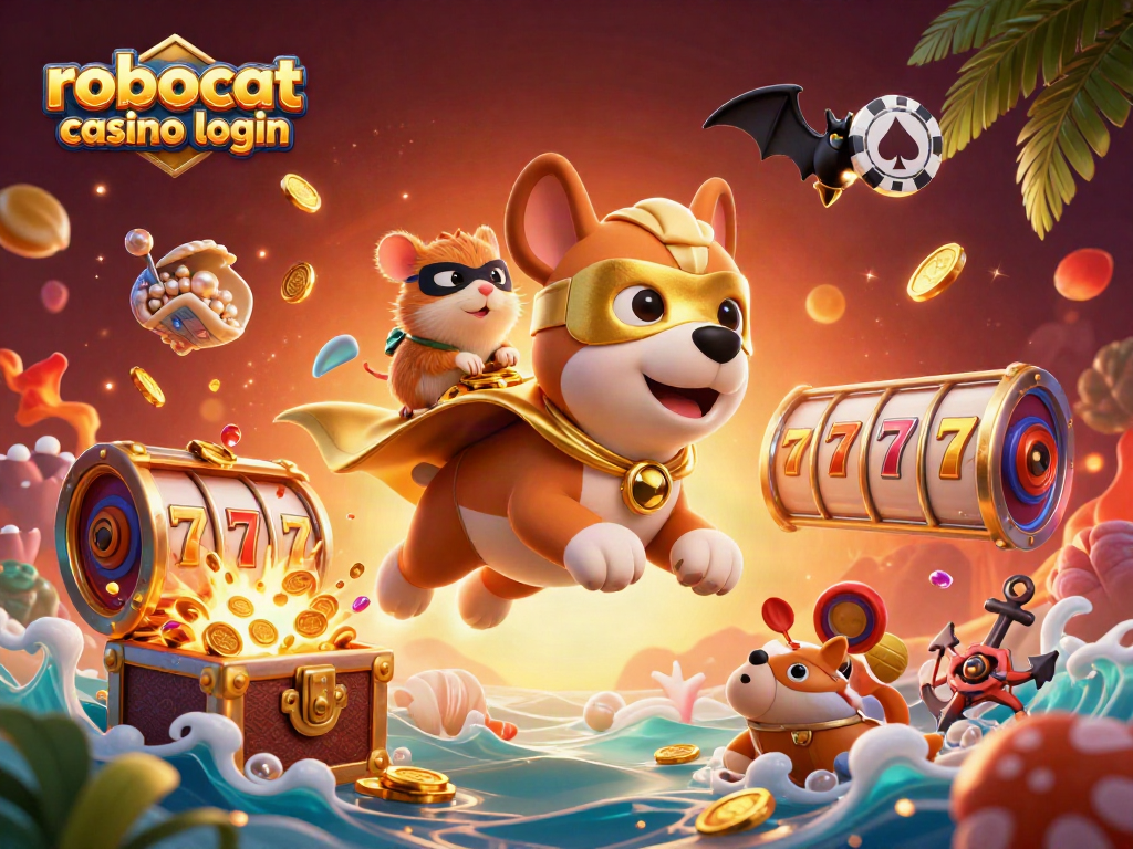 Engage with robocat casino login in this vibrant 3D scene featuring a superhero dog and golden coins.