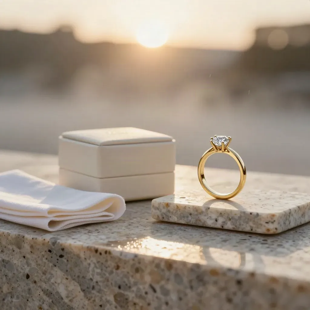 Anillo de oro con diamante, caja marfil y bandeja de piedra sobre travertino húmedo.