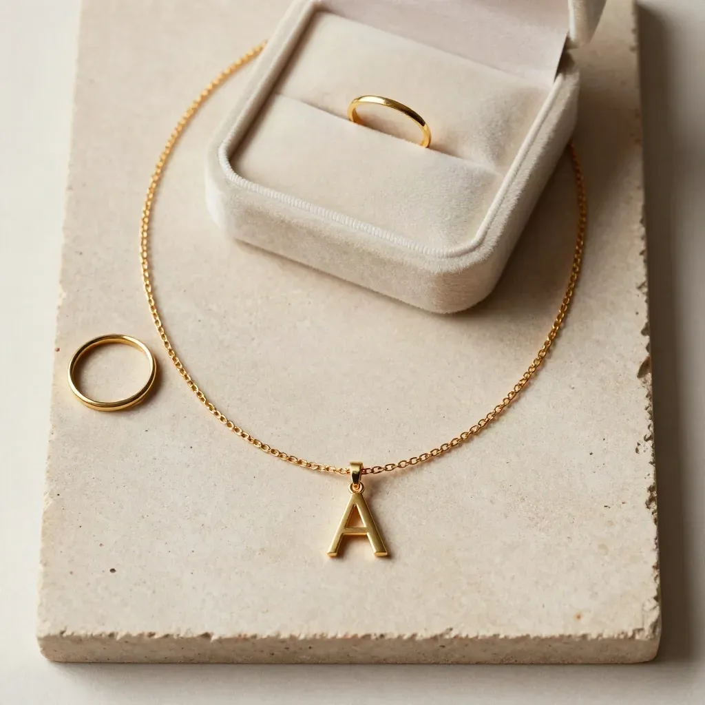 Collar de oro con cadena fina, anillo delicado y caja abierta sobre terciopelo marfil.