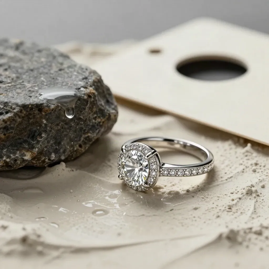 Anillo de oro blanco con diamantes semienterrado en yeso junto a una piedra oscura mojada.