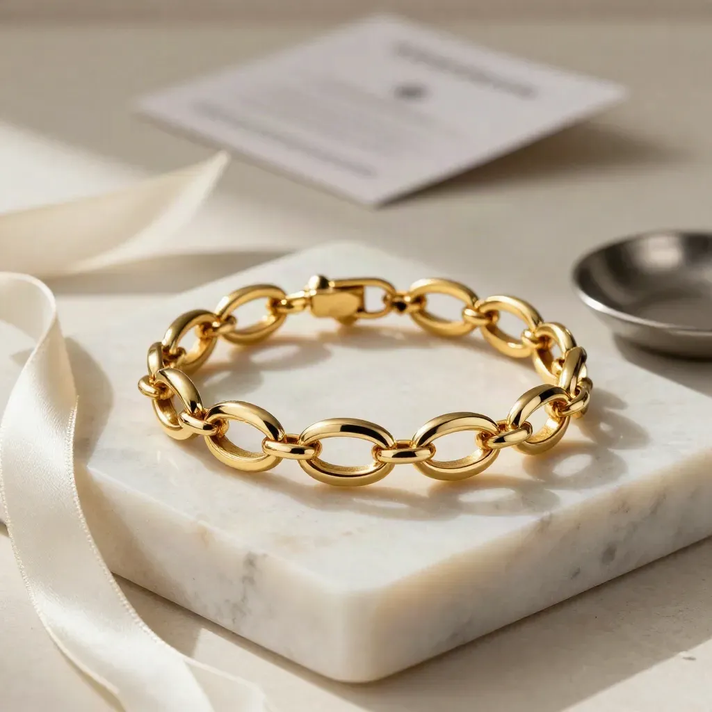 Pulsera esclava de oro sobre bloque de mármol crema con cinta de seda y plato metálico.