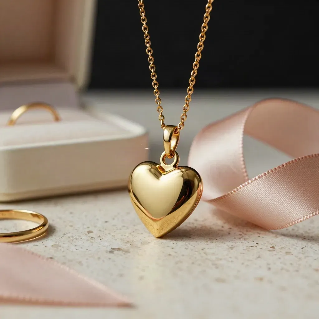 Charm de oro en forma de corazón con caja marfil, anillo y cinta blush sobre travertino.