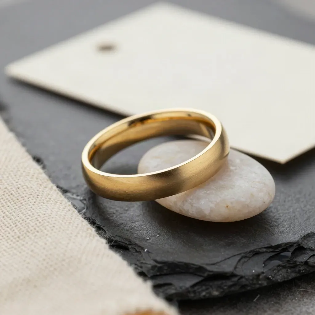 Anillo de oro mate sobre pizarra mojada con guijarro y lino, luz rasante y niebla fresca.