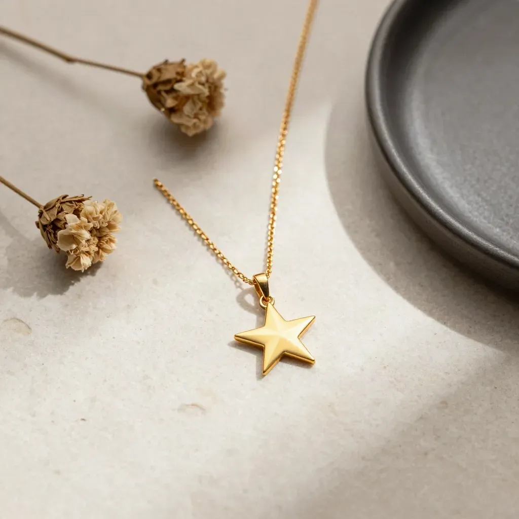 Colgante estrella de oro sobre travertino claro con dos flores secas y bandeja pequeña.