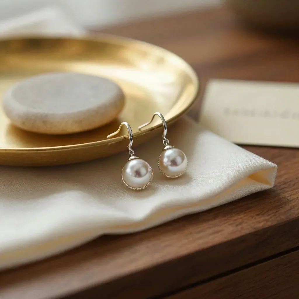 Pendientes de perla mini en plata junto a seda plegada y piedra suave, con brillo dorado sutil.