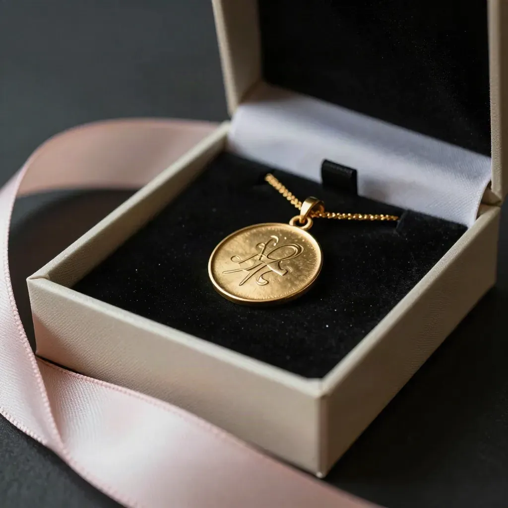 Medallón y charm de oro personalizados en caja regalo con cinta rosa y paño marfil.