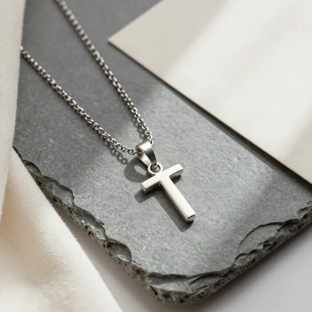 Collar de plata con inicial sobre piedra gris, paño marfil y anillo fino en vista cenital.