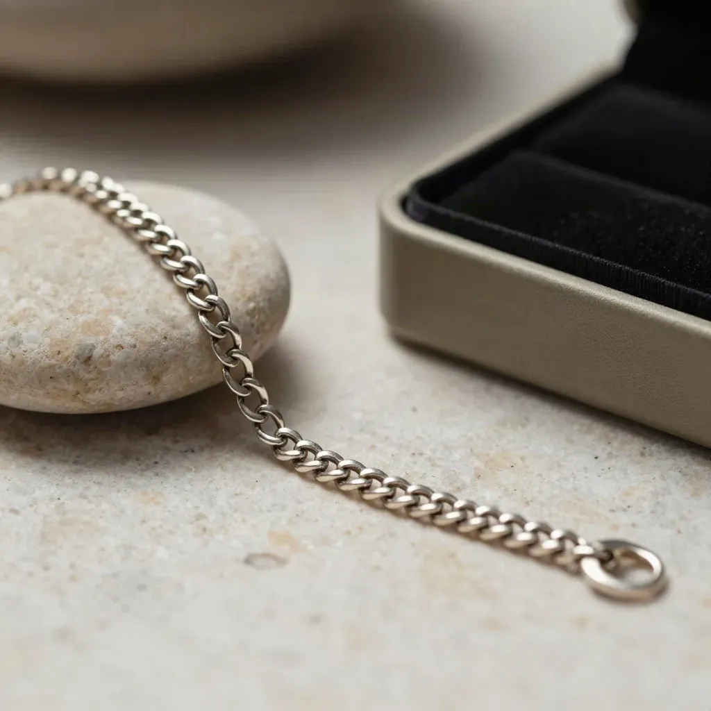 Pulsera fina de plata 925 sobre travertino, con guijarro redondo y caja abierta.