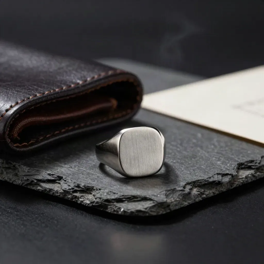 Anillo sello de hombre sobre piedra grafito junto a cuero oscuro y caja marfil, en luz dramática.