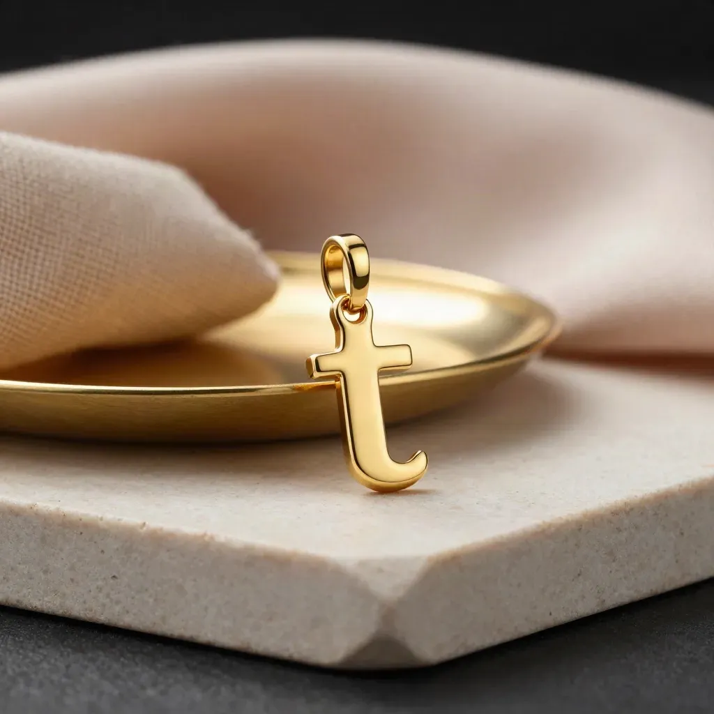 Charm de oro 18k junto a otro liso y bandeja dorada sobre piedra clara con luz suave