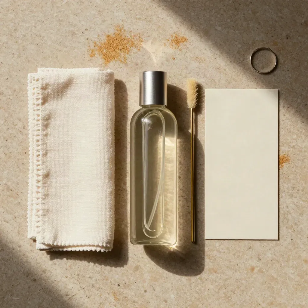 Kit de limpieza de joyas con frasco, paño, cepillo, anillo y tarjeta sobre piedra clara.