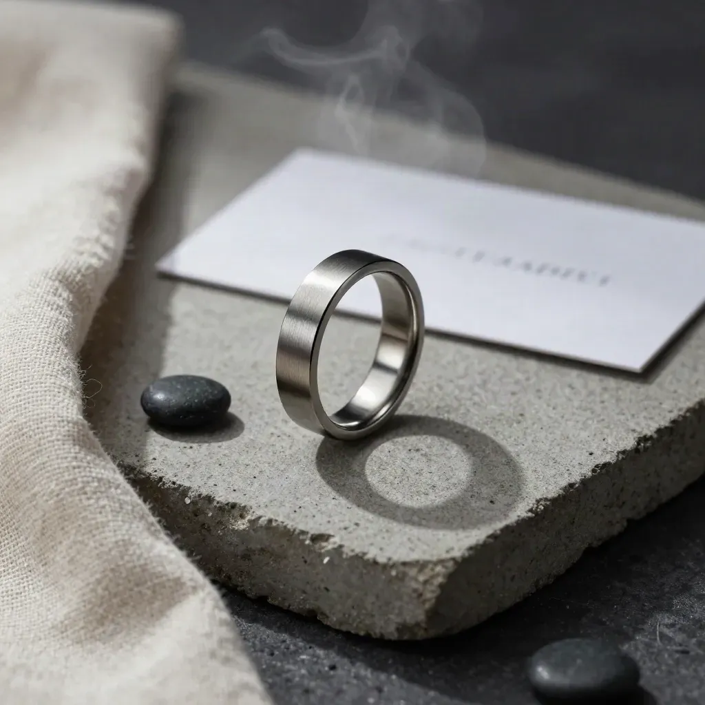 Anillo alianza bisel mate sobre piedra oscura con lino plegado y un pequeño guijarro, luz suave lateral.
