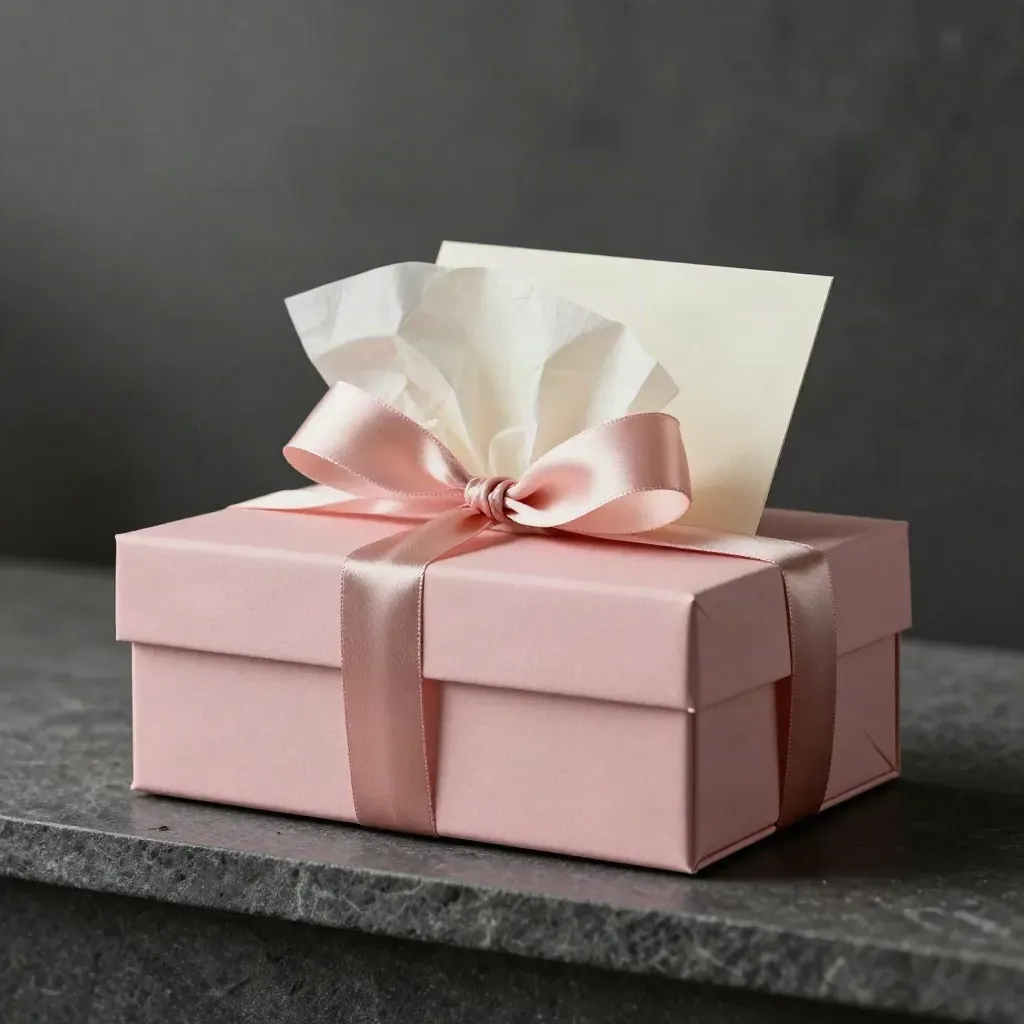 Caja regalo rosa con lazo suave, tissue marfil y tarjeta asomando, sobre fondo oscuro.