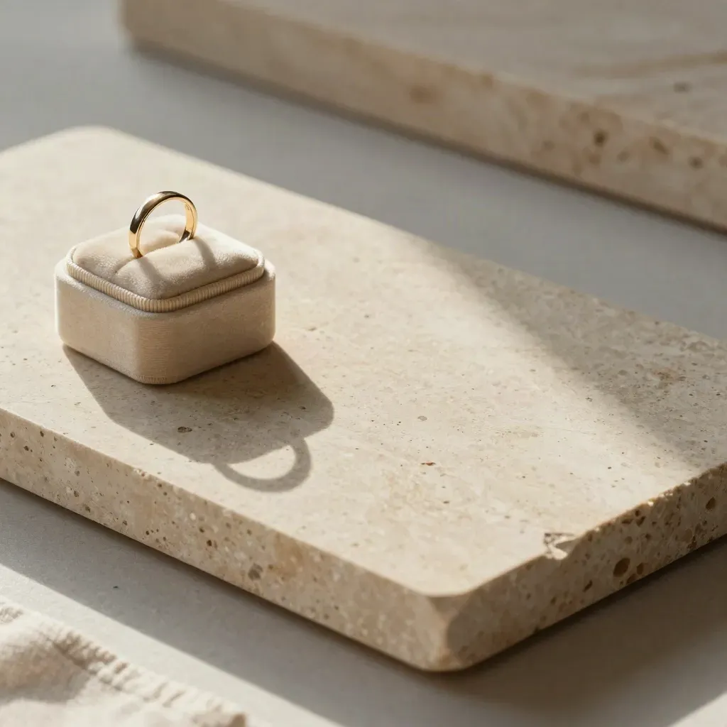 Anillo solitario en caja de terciopelo sobre travertino claro, con espacio vacío para texto.