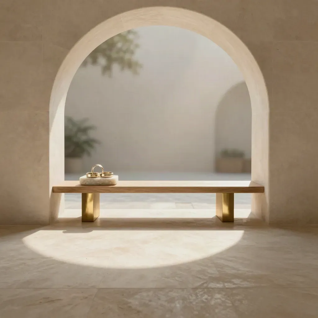 Interior elegante de piedra crema con arco, banco de madera clara y alianzas doradas arriba.