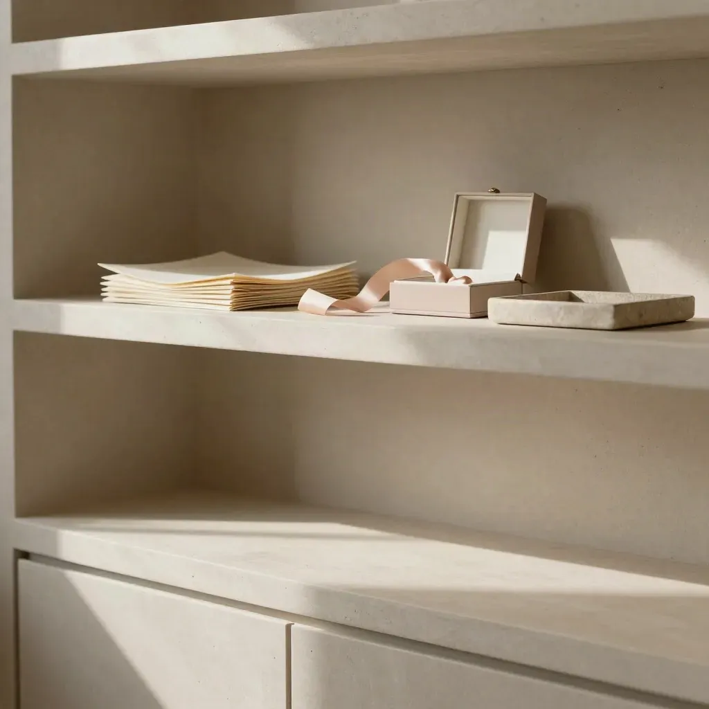 Rincón neutro de joyería con caja abierta, papel marfil, cinta blush y bandeja de piedra.