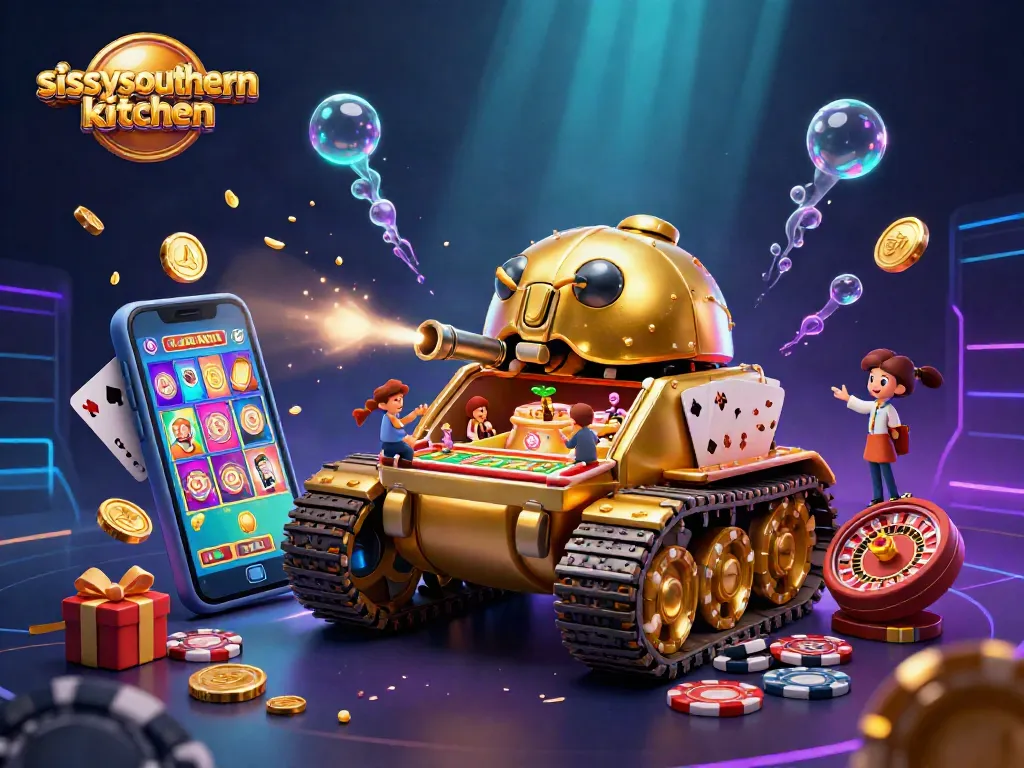 Sissy's Southern Kitchen showcases fun casino elements, with gold coins and slot games bursting from a phone in a vibrant scene.
